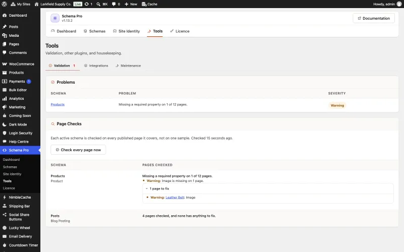 The Tools screen on the Validation tab. Problems lists the Products schema as missing a required property on 1 of 12 pages, a Warning. Page Checks, checked 15 seconds ago, shows that the image is missing on 1 page and names it: Leather Belt. The Posts schema reads 4 pages checked, and none has anything to fix.