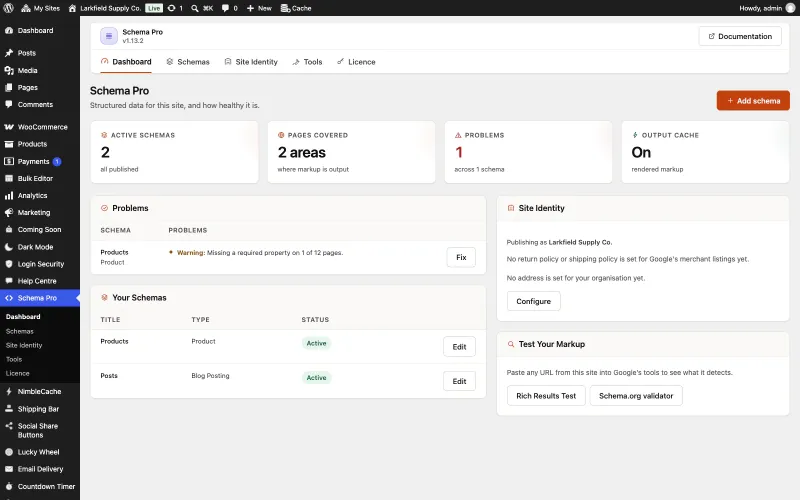 The Schema Pro dashboard with four cards: 2 active schemas, 2 areas covered, 1 problem across 1 schema, and the output cache on. A Problems panel lists a warning for the Products schema with a Fix button, Your Schemas lists Products (Product) and Posts (Blog Posting), both active, and the Site Identity panel says the site publishes as Larkfield Supply Co.