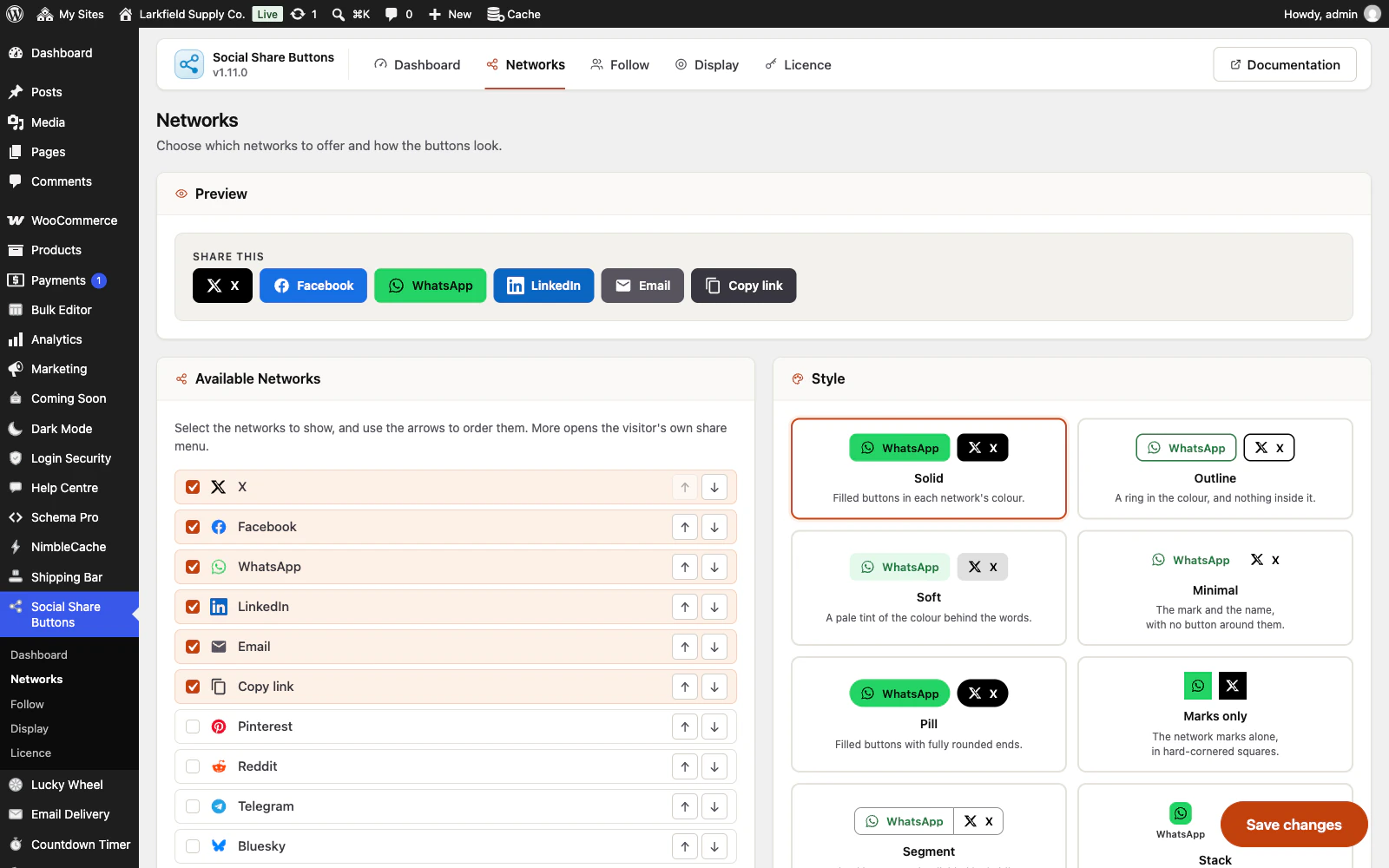 The Networks tab of Social Share Buttons in WordPress admin. A preview shows the six chosen buttons under Share this. Below, a list of networks with tick boxes and up and down arrows (X, Facebook, WhatsApp, LinkedIn, Email and Copy link ticked; Pinterest, Reddit, Telegram and Bluesky not), and a Style panel of button designs including Solid (selected), Outline, Soft, Minimal, Pill and Marks only.