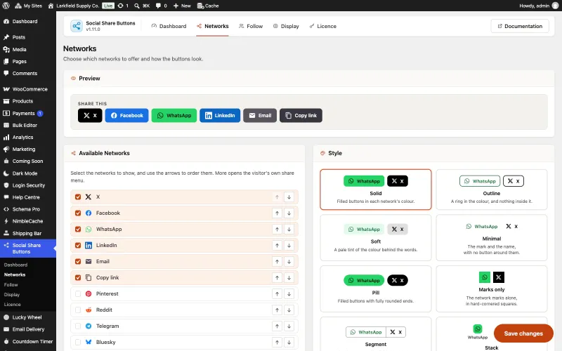 The Networks tab of Social Share Buttons in WordPress admin. A preview shows the six chosen buttons under Share this. Below, a list of networks with tick boxes and up and down arrows (X, Facebook, WhatsApp, LinkedIn, Email and Copy link ticked; Pinterest, Reddit, Telegram and Bluesky not), and a Style panel of button designs including Solid (selected), Outline, Soft, Minimal, Pill and Marks only.