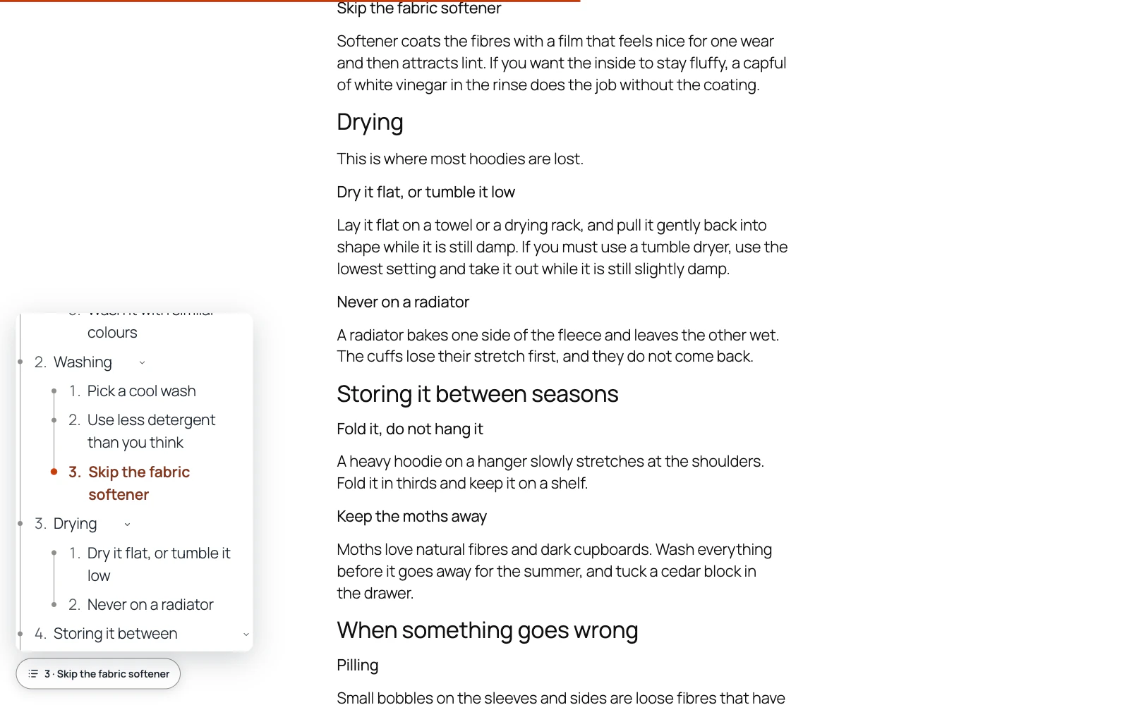 The same post scrolled to the Drying section. A thin orange progress bar runs across the top of the window. In the bottom-left corner a pill button reads 3 · Skip the fabric softener, and above it an open panel shows the contents list with that entry marked in orange.