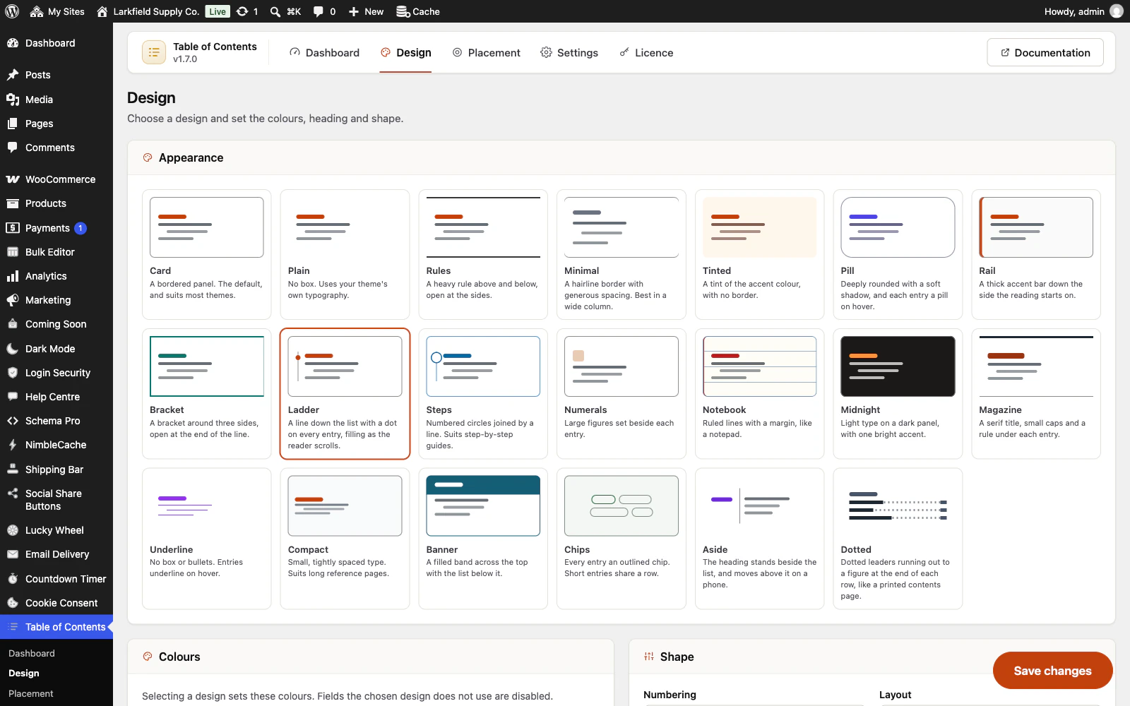 The Design tab of Table of Contents in WordPress admin. An Appearance panel shows twenty design cards: Card, Plain, Rules, Minimal, Tinted, Pill, Rail, Bracket, Ladder (selected), Steps, Numerals, Notebook, Midnight, Magazine, Underline, Compact, Banner, Chips, Aside and Dotted, each with a one-line description.