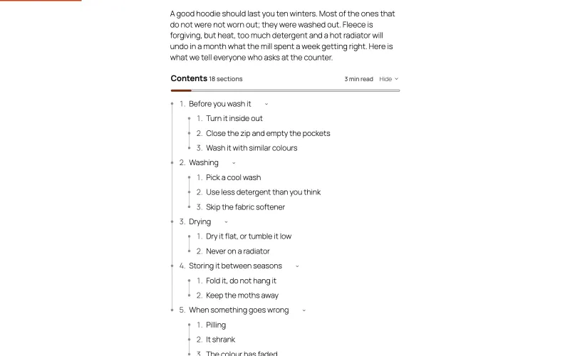 A journal post about washing a hoodie. After the opening paragraph, a contents list in the Ladder design is headed Contents, 18 sections, 3 min read, with a Hide control and a thin progress bar. It lists five numbered sections, Before you wash it, Washing, Drying, Storing it between seasons and When something goes wrong, each with its own numbered sub-sections joined by a line of dots.