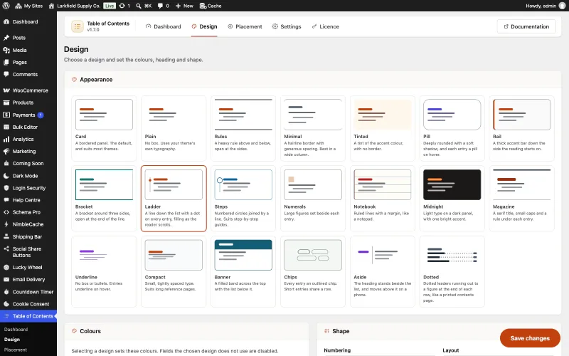 The Design tab of Table of Contents in WordPress admin. An Appearance panel shows twenty design cards: Card, Plain, Rules, Minimal, Tinted, Pill, Rail, Bracket, Ladder (selected), Steps, Numerals, Notebook, Midnight, Magazine, Underline, Compact, Banner, Chips, Aside and Dotted, each with a one-line description.